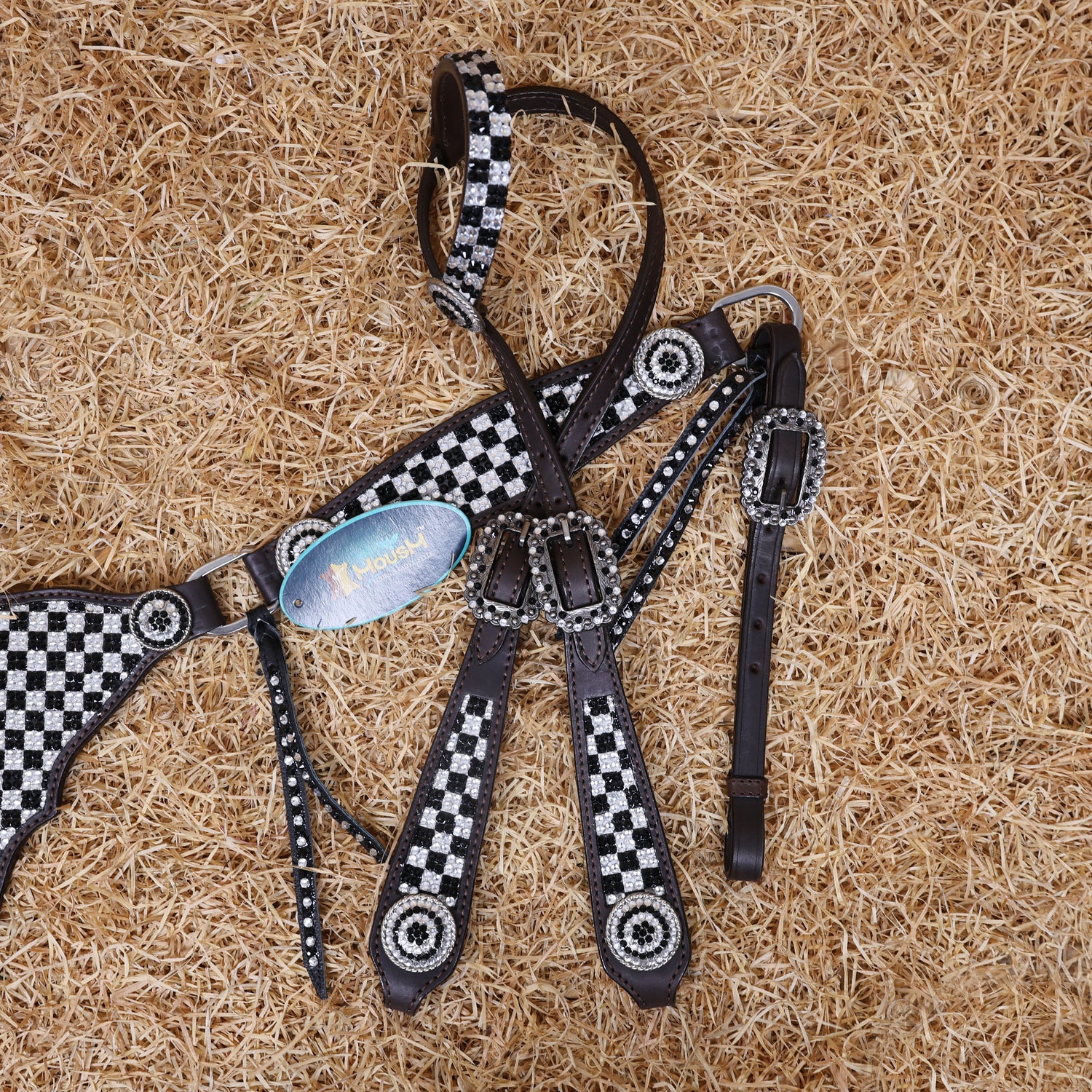 MOUSM Western Horse Tack Set – Made From Argentina Cow Leather, Featuring Gladiator-Style Breast Collar Decorated With Dazzling Black And White Checkered Stone Design, Round Berry Conchos, Leather Roping, And All Antique Nickel Hardware