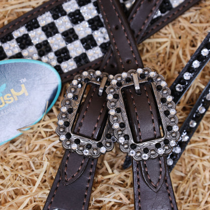MOUSM Western Horse Tack Set – Made From Argentina Cow Leather, Featuring Gladiator-Style Breast Collar Decorated With Dazzling Black And White Checkered Stone Design, Round Berry Conchos, Leather Roping, And All Antique Nickel Hardware