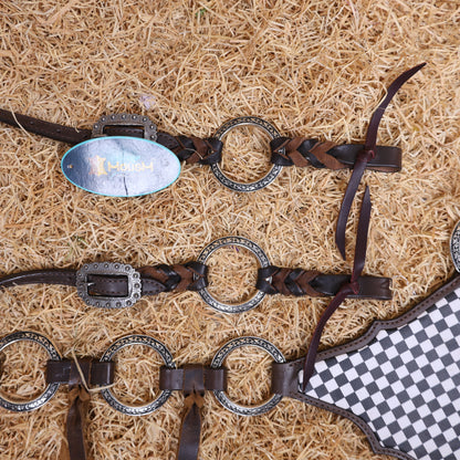 MOUSM Western Headstall With Gladiator-Style Breast Collar – Made From Argentina Cow Leather, Decorated With Engraved Metal Rings, Black &amp; White Checkered Pattern, Leather-Braided One-Ear And Cheek Piece With Roping, And All Antique Nickel Hardware