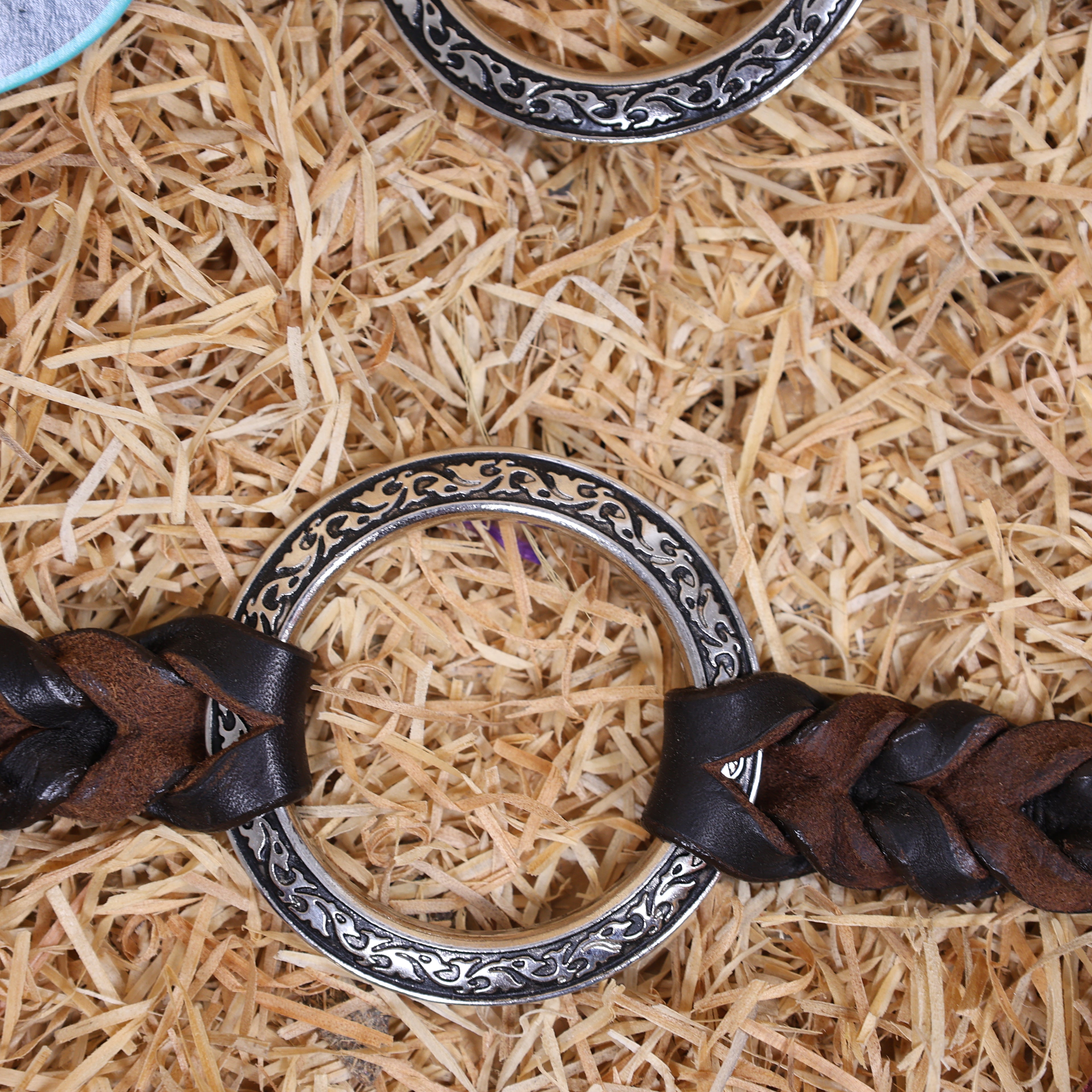 MOUSM Western Headstall With Gladiator-Style Breast Collar – Made From Argentina Cow Leather, Decorated With Engraved Metal Rings, Black &amp; White Checkered Pattern, Leather-Braided One-Ear And Cheek Piece With Roping, And All Antique Nickel Hardware