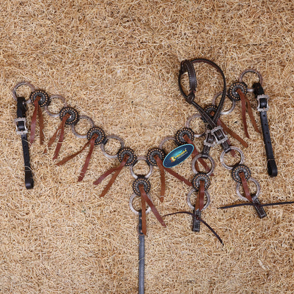 MOUSM Western Ring Headstall and Breast Collar Set – Handcrafted from Argentina Cowhide Leather, One-Ear Headstall with Twisted Cheek Piece &amp; Leather Fringe, Decorated with Congress Conchos Finished with Antique Copper Hardware