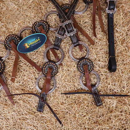 MOUSM Western Ring Headstall and Breast Collar Set – Handcrafted from Argentina Cowhide Leather, One-Ear Headstall with Twisted Cheek Piece &amp; Leather Fringe, Decorated with Congress Conchos Finished with Antique Copper Hardware