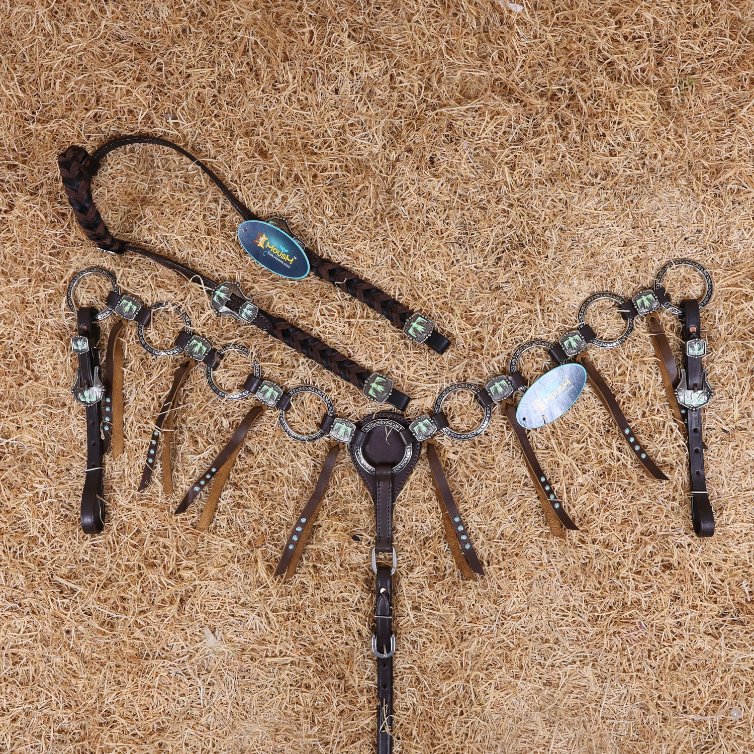 MOUSM Western Ring Headstall and Breast Collar Set – Handcrafted from Argentina Cowhide Leather, Featuring Twisted One-Ear Headstall, Leather Fringe With Turquoise Studs, Decorated With Thunderbird Conchos, and Finished with Antique Copper Hardware