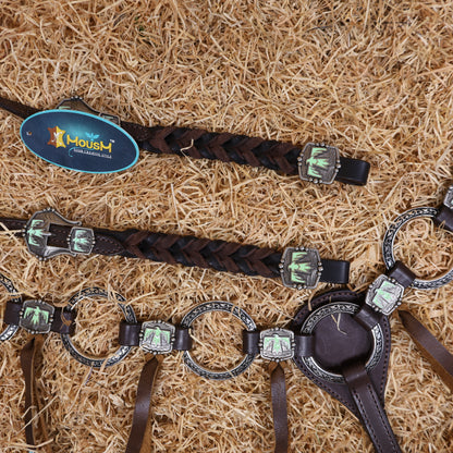 MOUSM Western Ring Headstall and Breast Collar Set – Handcrafted from Argentina Cowhide Leather, Featuring Twisted One-Ear Headstall, Leather Fringe With Turquoise Studs, Decorated With Thunderbird Conchos, and Finished with Antique Copper Hardware