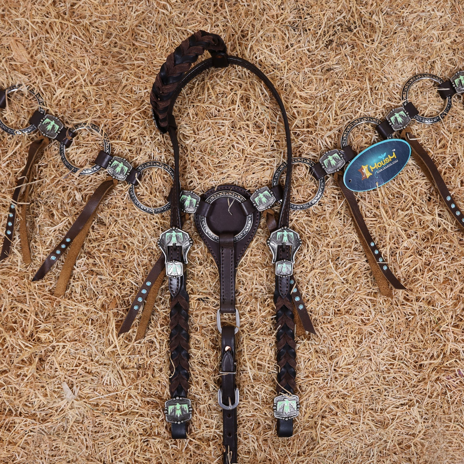 MOUSM Western Ring Headstall and Breast Collar Set – Handcrafted from Argentina Cowhide Leather, Featuring Twisted One-Ear Headstall, Leather Fringe With Turquoise Studs, Decorated With Thunderbird Conchos, and Finished with Antique Copper Hardware