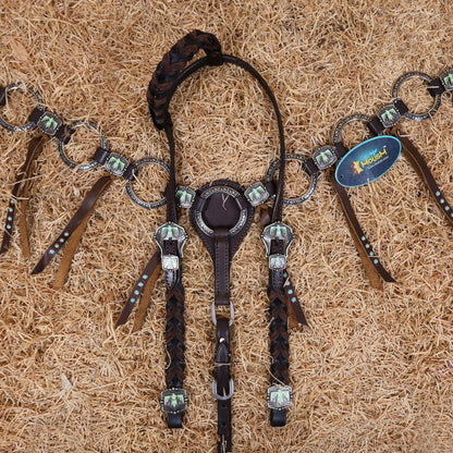 MOUSM Western Ring Headstall and Breast Collar Set – Handcrafted from Argentina Cowhide Leather, Featuring Twisted One-Ear Headstall, Leather Fringe With Turquoise Studs, Decorated With Thunderbird Conchos, and Finished with Antique Copper Hardware