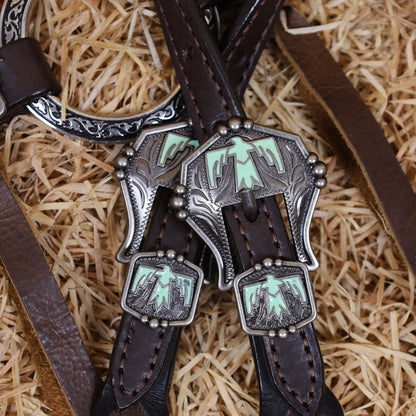 MOUSM Western Ring Headstall and Breast Collar Set – Handcrafted from Argentina Cowhide Leather, Featuring Twisted One-Ear Headstall, Leather Fringe With Turquoise Studs, Decorated With Thunderbird Conchos, and Finished with Antique Copper Hardware