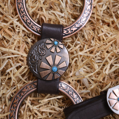 MOUSM Western Ring Headstall and Breast Collar Set – Handcrafted from Argentina Cowhide Leather, Twisted One-Ear Headstall, Decorated with Two-Tone Flower Conchos with Turquoise Stones, and Antique Copper Hardware