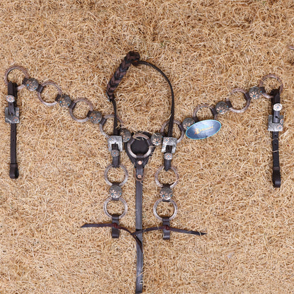 MOUSM Western Ring Headstall and Breast Collar Set – Handcrafted from Argentina Cowhide Leather, Twisted One-Ear Headstall, Decorated with Two-Tone Flower Conchos with Turquoise Stones, and Antique Copper Hardware