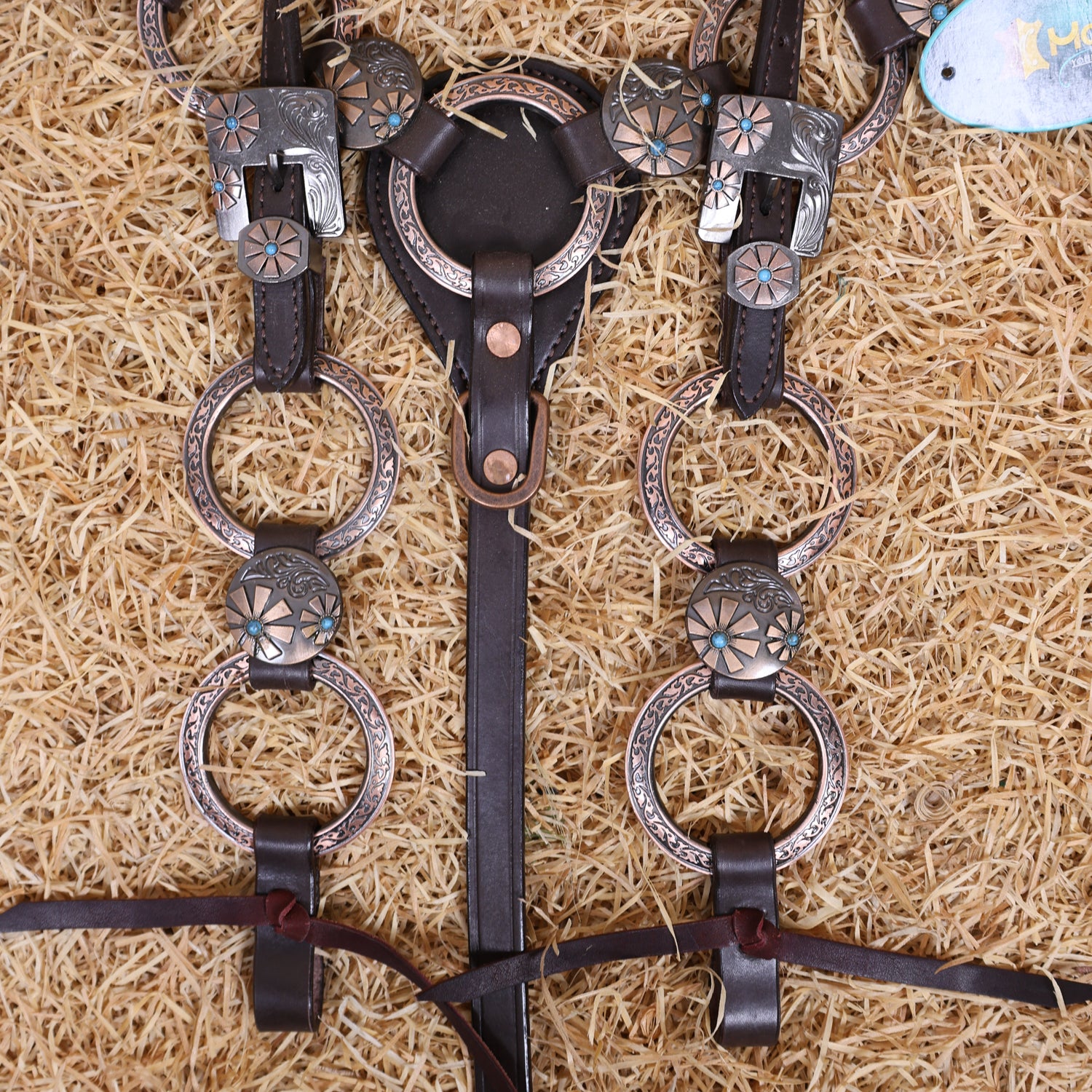 MOUSM Western Ring Headstall and Breast Collar Set – Handcrafted from Argentina Cowhide Leather, Twisted One-Ear Headstall, Decorated with Two-Tone Flower Conchos with Turquoise Stones, and Antique Copper Hardware