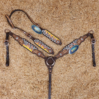 MOUSM Western Headstall and Breast Collar Set – Made from Argentina Cowhide Leather with Hand-Tooled Black &amp; White Checkered Pattern, Painted Flames, Floral Motifs, and Antique Copper Hardware with Berry Conchos