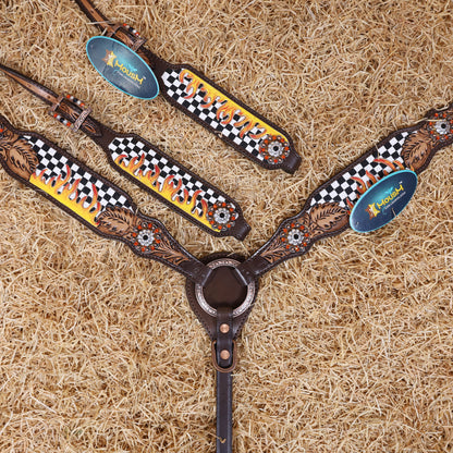 MOUSM Western Headstall and Breast Collar Set – Made from Argentina Cowhide Leather with Hand-Tooled Black &amp; White Checkered Pattern, Painted Flames, Floral Motifs, and Antique Copper Hardware with Berry Conchos
