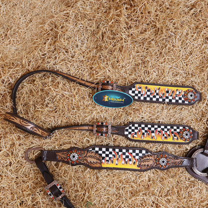 MOUSM Western Headstall and Breast Collar Set – Made from Argentina Cowhide Leather with Hand-Tooled Black &amp; White Checkered Pattern, Painted Flames, Floral Motifs, and Antique Copper Hardware with Berry Conchos