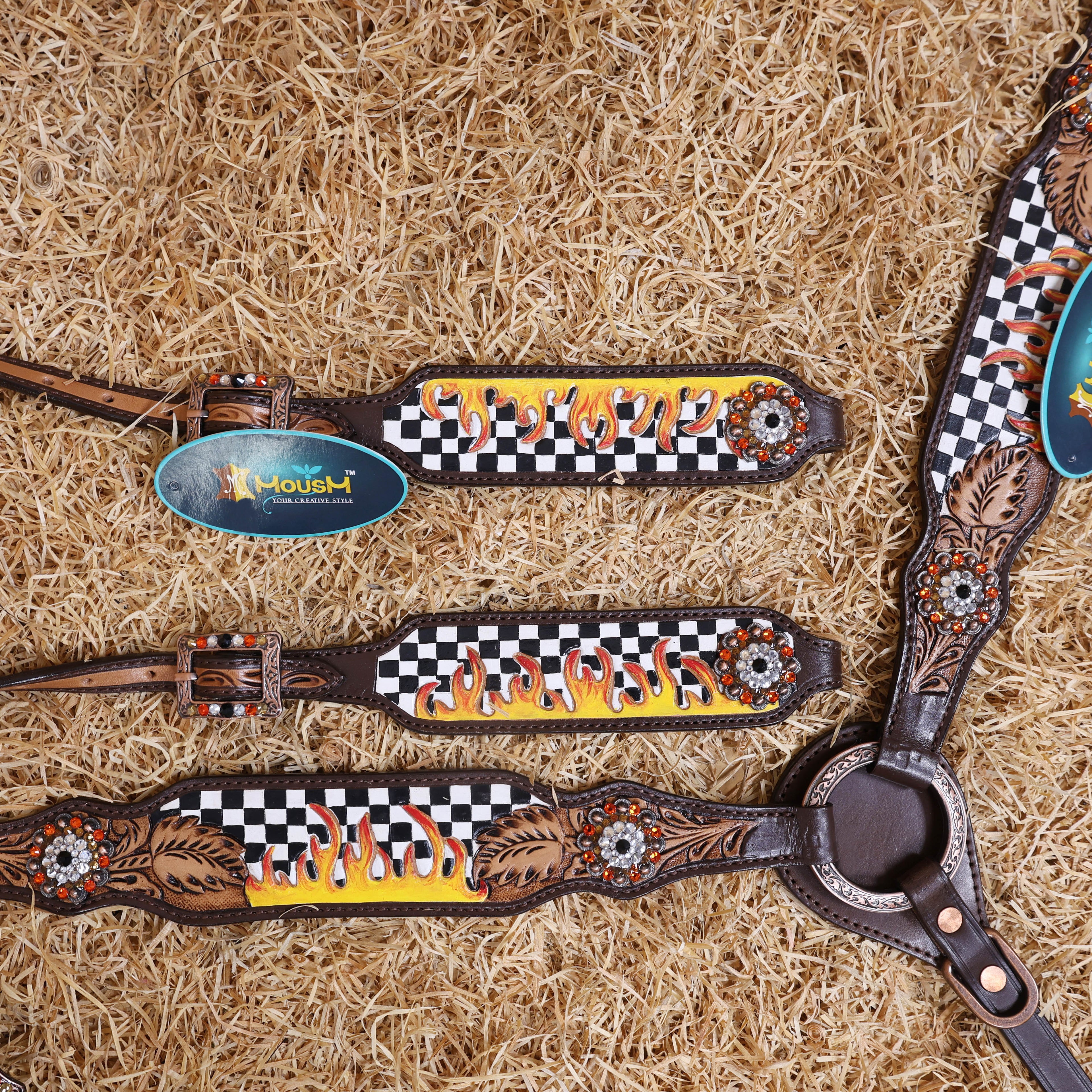 MOUSM Western Headstall and Breast Collar Set – Made from Argentina Cowhide Leather with Hand-Tooled Black &amp; White Checkered Pattern, Painted Flames, Floral Motifs, and Antique Copper Hardware with Berry Conchos