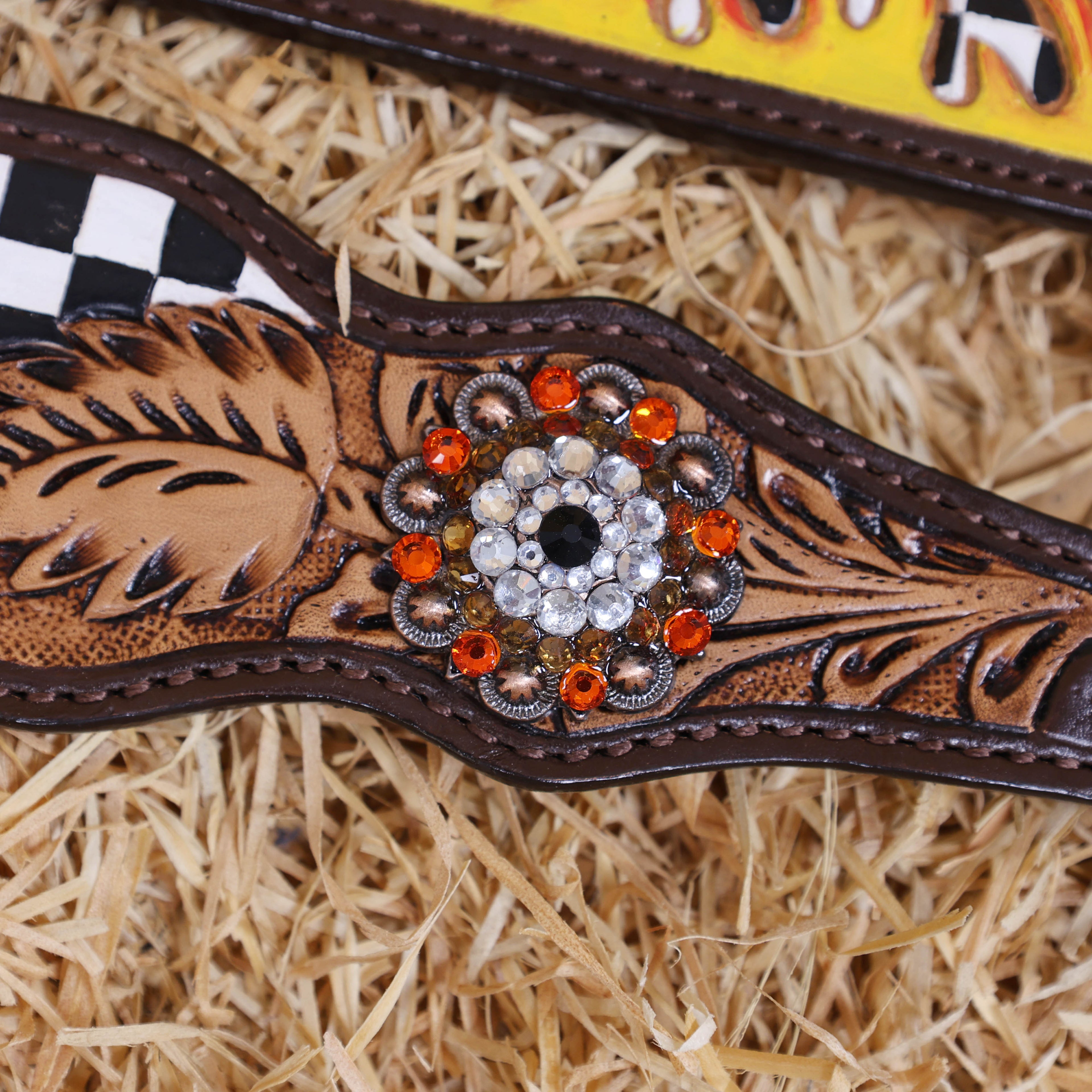 MOUSM Western Headstall and Breast Collar Set – Made from Argentina Cowhide Leather with Hand-Tooled Black &amp; White Checkered Pattern, Painted Flames, Floral Motifs, and Antique Copper Hardware with Berry Conchos