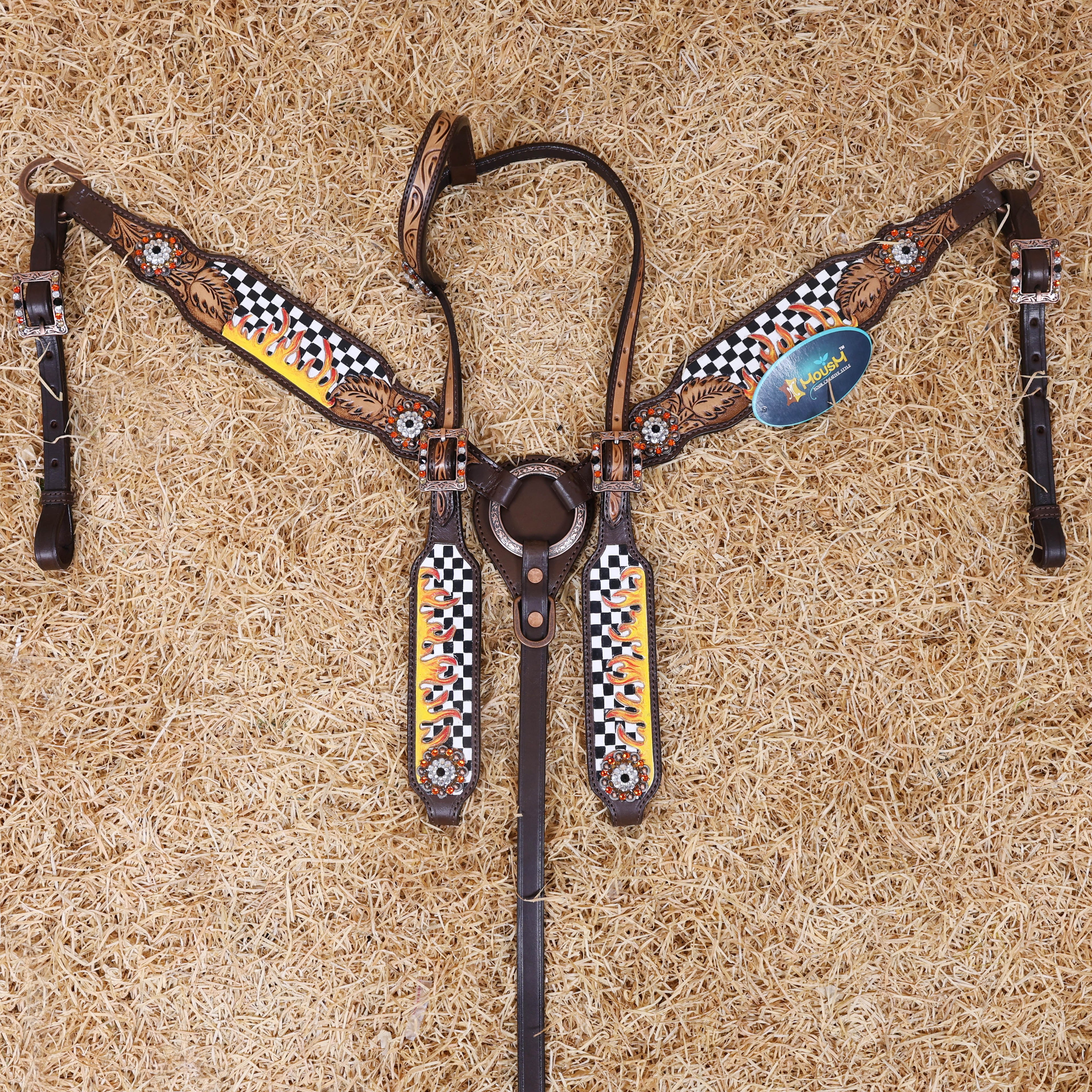 MOUSM Western Headstall and Breast Collar Set – Made from Argentina Cowhide Leather with Hand-Tooled Black &amp; White Checkered Pattern, Painted Flames, Floral Motifs, and Antique Copper Hardware with Berry Conchos