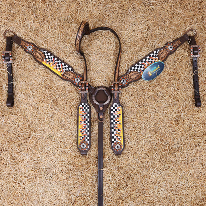 MOUSM Western Headstall and Breast Collar Set – Made from Argentina Cowhide Leather with Hand-Tooled Black &amp; White Checkered Pattern, Painted Flames, Floral Motifs, and Antique Copper Hardware with Berry Conchos