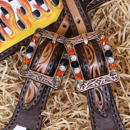 MOUSM Western Headstall and Breast Collar Set – Made from Argentina Cowhide Leather with Hand-Tooled Black &amp; White Checkered Pattern, Painted Flames, Floral Motifs, and Antique Copper Hardware with Berry Conchos