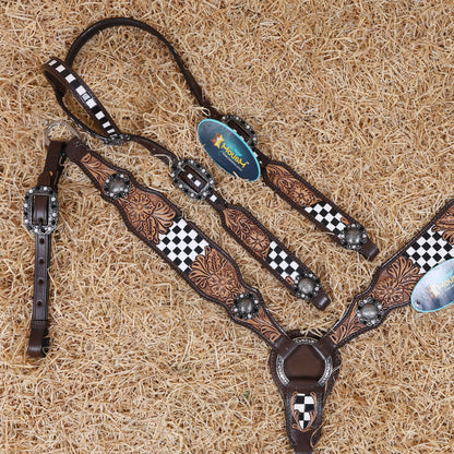 MOUSM Western Horse Headstall Set – Made from Genuine Argentina Cowhide with Hand-Tooled Checkered Pattern and Floral Motifs on Tan Leather, Shining Berry Conchos, and Antique Nickel Hardware
