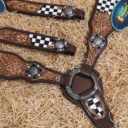 MOUSM Western Horse Headstall Set – Made from Genuine Argentina Cowhide with Hand-Tooled Checkered Pattern and Floral Motifs on Tan Leather, Shining Berry Conchos, and Antique Nickel Hardware