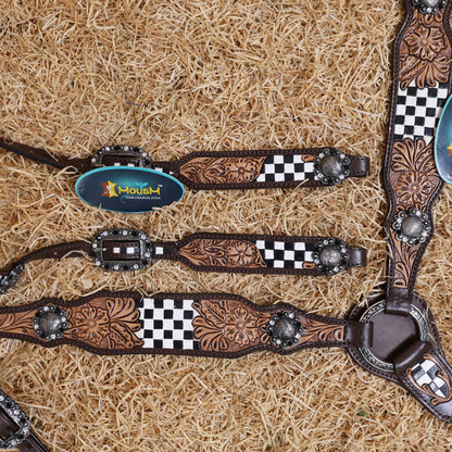 MOUSM Western Horse Headstall Set – Made from Genuine Argentina Cowhide with Hand-Tooled Checkered Pattern and Floral Motifs on Tan Leather, Shining Berry Conchos, and Antique Nickel Hardware