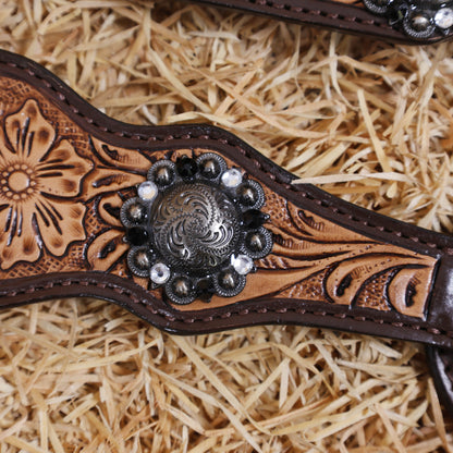 MOUSM Western Horse Headstall Set – Made from Genuine Argentina Cowhide with Hand-Tooled Checkered Pattern and Floral Motifs on Tan Leather, Shining Berry Conchos, and Antique Nickel Hardware