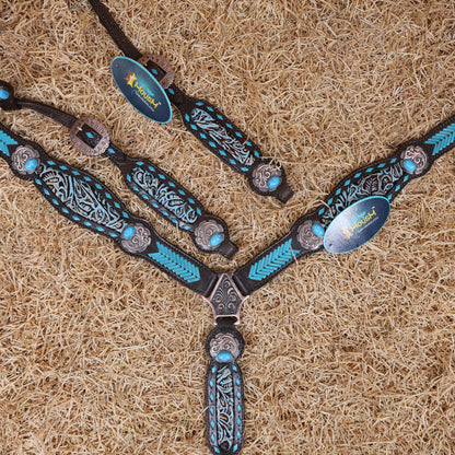 MOUSM Western Headstall and Breast Collar Set - Made from Argentina Cow Leather Decorated with Turquoise Rawhide Arrow Barding and Flower Printing Inlay, Antique Copper Conchos with Big Turquoise Stone