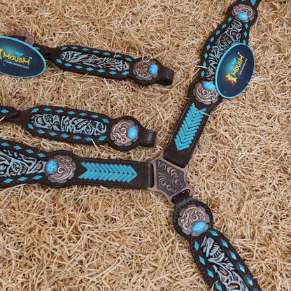 MOUSM Western Headstall and Breast Collar Set - Made from Argentina Cow Leather Decorated with Turquoise Rawhide Arrow Barding and Flower Printing Inlay, Antique Copper Conchos with Big Turquoise Stone