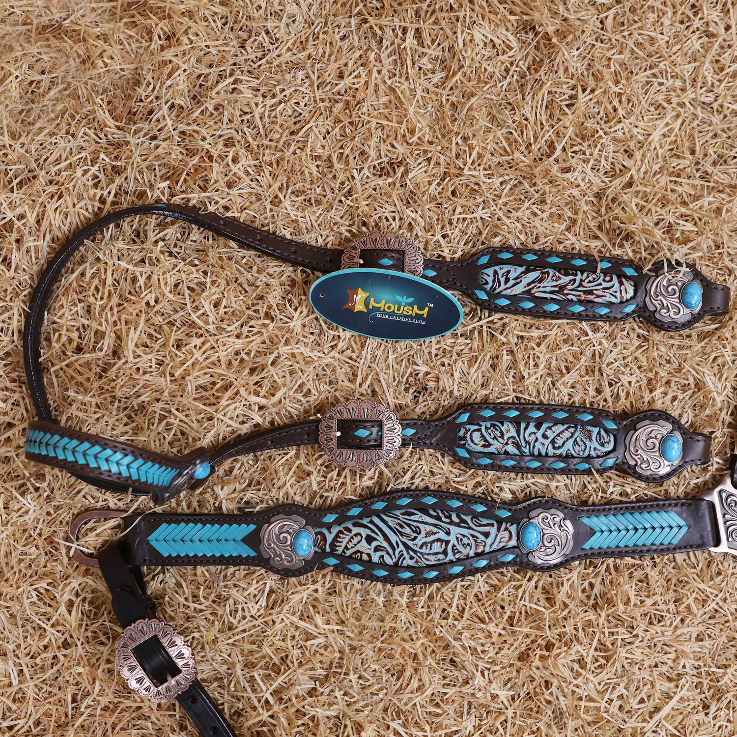 MOUSM Western Headstall and Breast Collar Set - Made from Argentina Cow Leather Decorated with Turquoise Rawhide Arrow Barding and Flower Printing Inlay, Antique Copper Conchos with Big Turquoise Stone