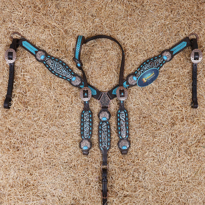 MOUSM Western Headstall and Breast Collar Set - Made from Argentina Cow Leather Decorated with Turquoise Rawhide Arrow Barding and Flower Printing Inlay, Antique Copper Conchos with Big Turquoise Stone