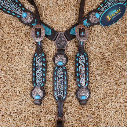 MOUSM Western Headstall and Breast Collar Set - Made from Argentina Cow Leather Decorated with Turquoise Rawhide Arrow Barding and Flower Printing Inlay, Antique Copper Conchos with Big Turquoise Stone
