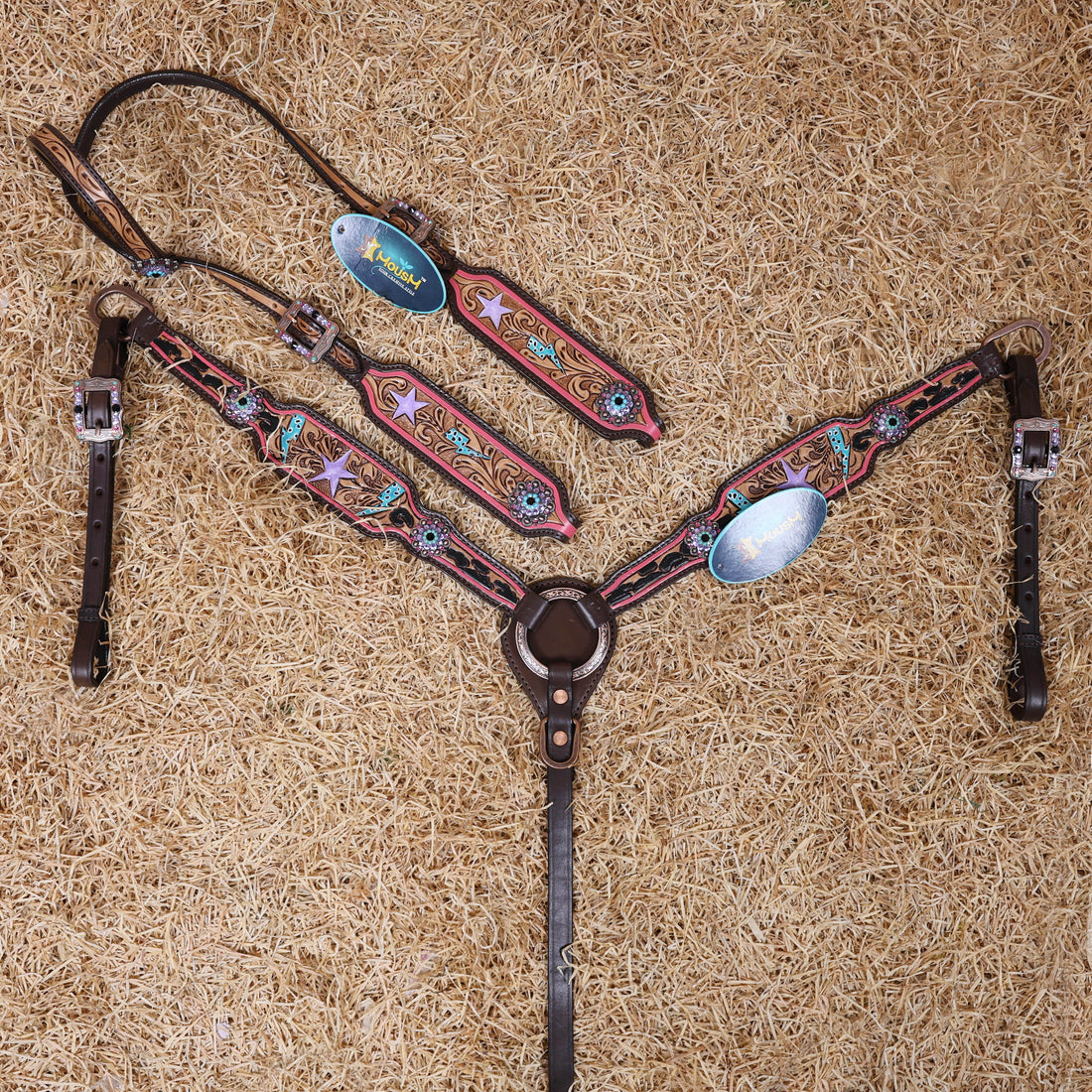 MOUSM Western Horse Headstall Set - Handcrafted with Genuine Argentina Leather Decorated with Leopard, Star and Thunder Carved Design and Shining Berry Rhinestones Conchos on Breast Collar and Cheekpiece