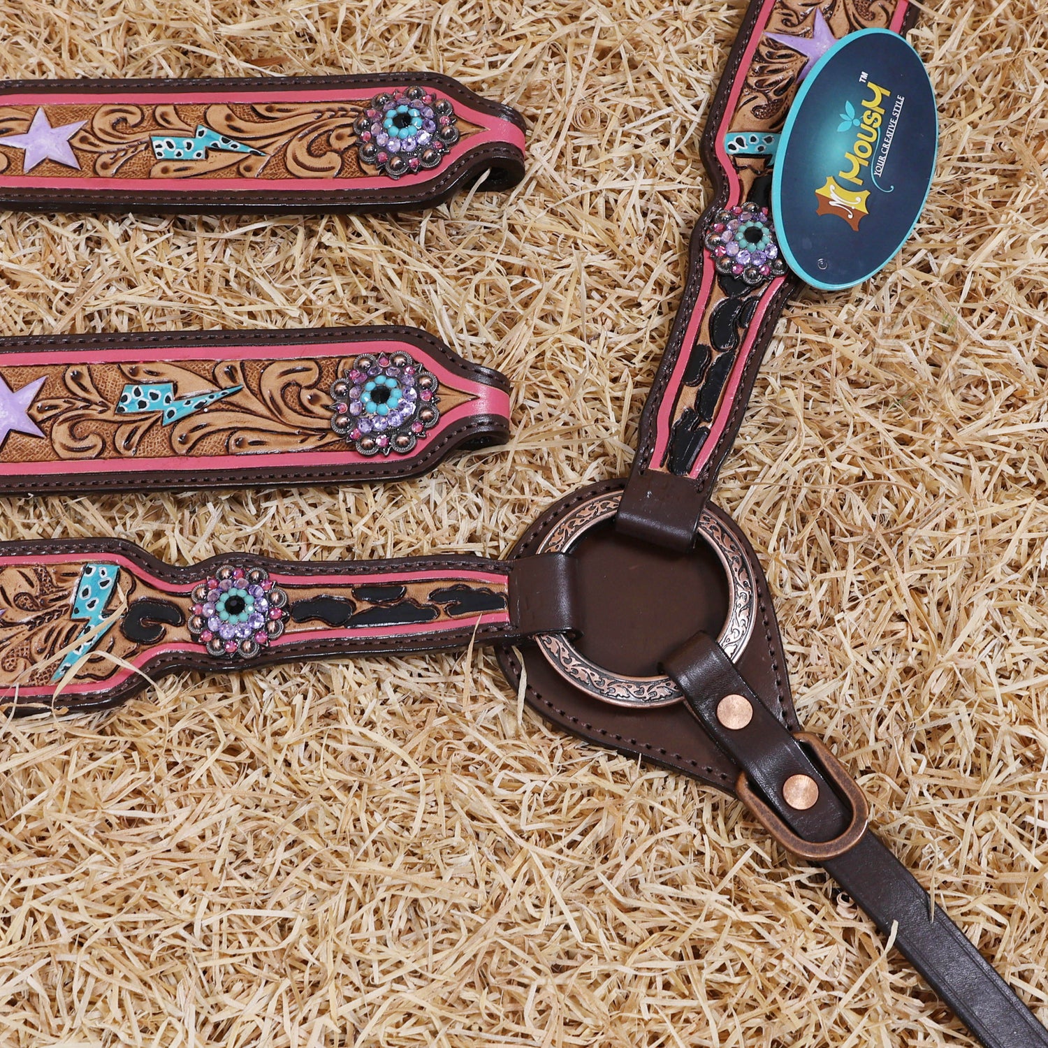MOUSM Western Horse Headstall Set - Handcrafted with Genuine Argentina Leather Decorated with Leopard, Star and Thunder Carved Design and Shining Berry Rhinestones Conchos on Breast Collar and Cheekpiece