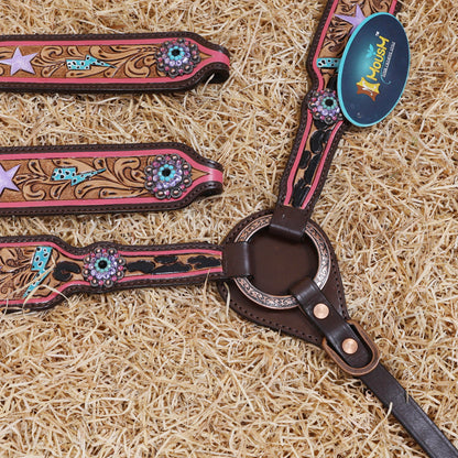 MOUSM Western Horse Headstall Set - Handcrafted with Genuine Argentina Leather Decorated with Leopard, Star and Thunder Carved Design and Shining Berry Rhinestones Conchos on Breast Collar and Cheekpiece