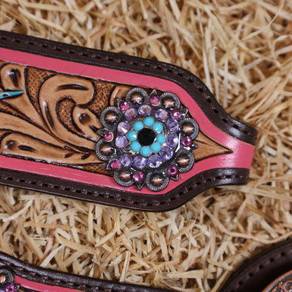 MOUSM Western Horse Headstall Set - Handcrafted with Genuine Argentina Leather Decorated with Leopard, Star and Thunder Carved Design and Shining Berry Rhinestones Conchos on Breast Collar and Cheekpiece