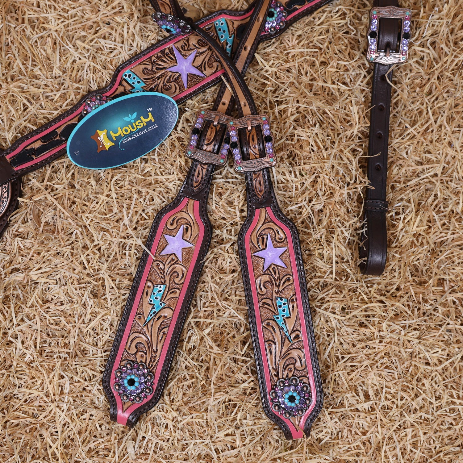 MOUSM Western Horse Headstall Set - Handcrafted with Genuine Argentina Leather Decorated with Leopard, Star and Thunder Carved Design and Shining Berry Rhinestones Conchos on Breast Collar and Cheekpiece