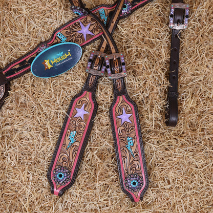 MOUSM Western Horse Headstall Set - Handcrafted with Genuine Argentina Leather Decorated with Leopard, Star and Thunder Carved Design and Shining Berry Rhinestones Conchos on Breast Collar and Cheekpiece