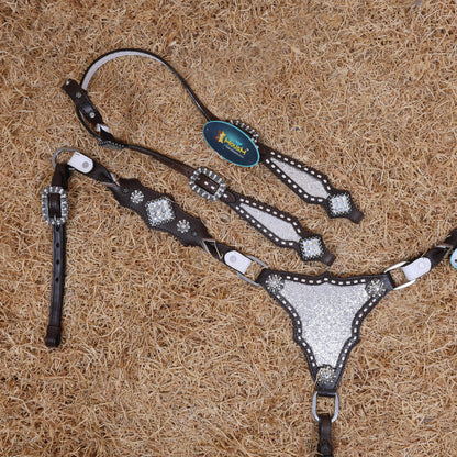 MOUSM Western Horse Tack Set – Handcrafted from Genuine Argentina Cow Leather with Silver Glitter Inlay, Gladiator Breast Collar with Rhinestone Conchos, and One-Ear Headstall with Twisted Knot, Finished with Antique Copper Hardware