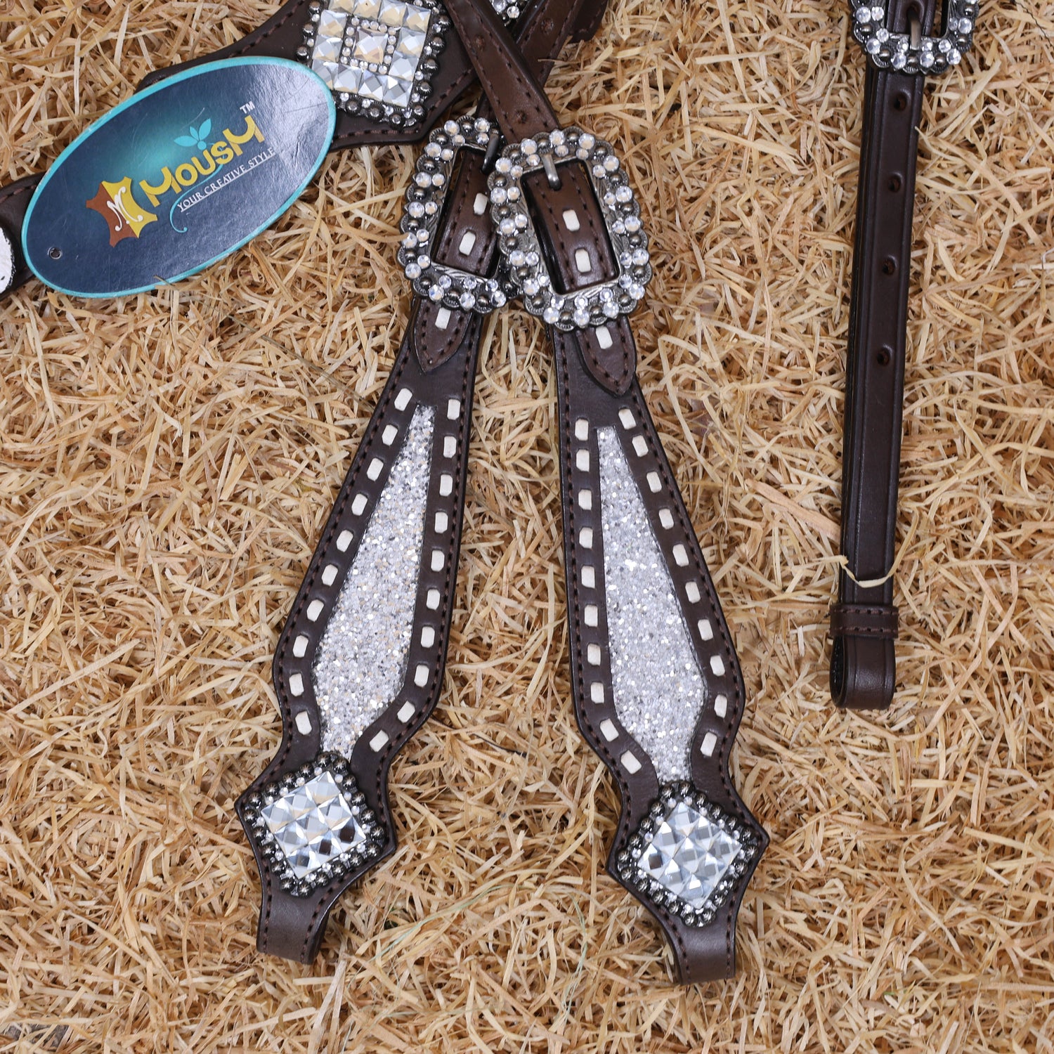 MOUSM Western Horse Tack Set – Handcrafted from Genuine Argentina Cow Leather with Silver Glitter Inlay, Gladiator Breast Collar with Rhinestone Conchos, and One-Ear Headstall with Twisted Knot, Finished with Antique Copper Hardware