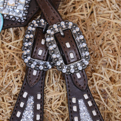 MOUSM Western Horse Tack Set – Handcrafted from Genuine Argentina Cow Leather with Silver Glitter Inlay, Gladiator Breast Collar with Rhinestone Conchos, and One-Ear Headstall with Twisted Knot, Finished with Antique Copper Hardware