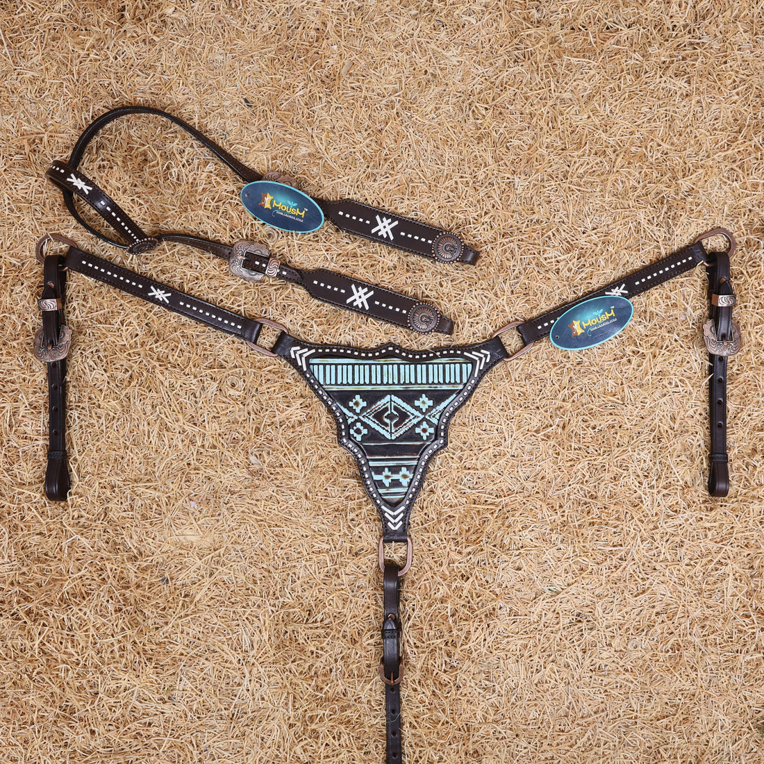 MOUSM Western Headstall Set – Handcrafted from Argentina Cow Leather with Aztec Inlay Breast Collar, Rawhide Buck Stitching Throughout &amp; Native American Conchos