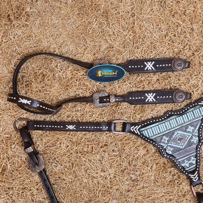 MOUSM Western Headstall Set – Handcrafted from Argentina Cow Leather with Aztec Inlay Breast Collar, Rawhide Buck Stitching Throughout &amp; Native American Conchos