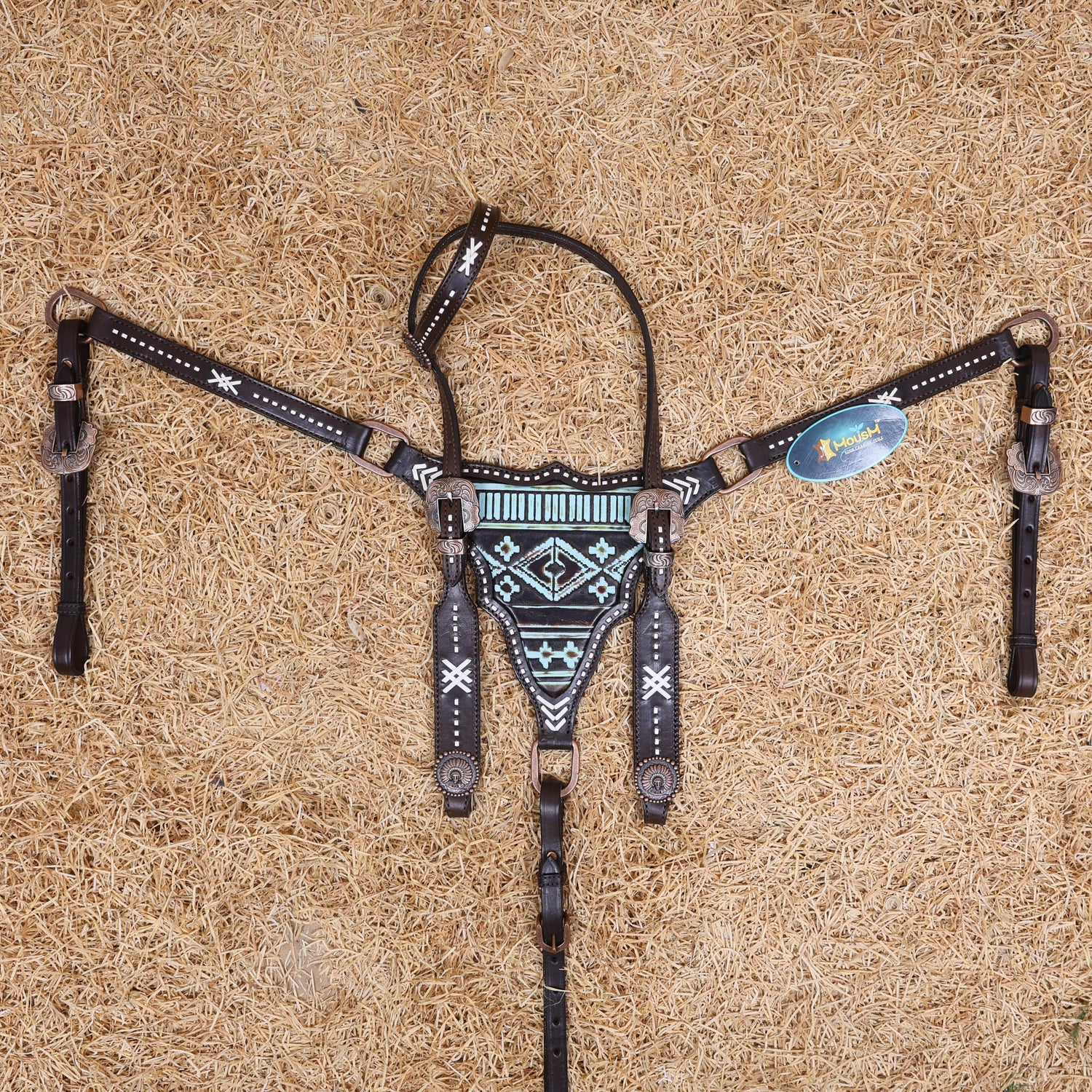 MOUSM Western Headstall Set – Handcrafted from Argentina Cow Leather with Aztec Inlay Breast Collar, Rawhide Buck Stitching Throughout &amp; Native American Conchos