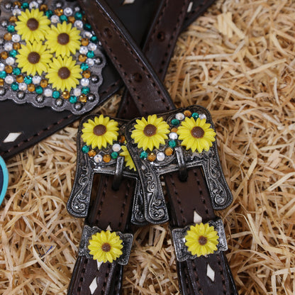MOUSM Headstall and Breast Collar Set – Decorated with White Rawhide Buck Stitching on One-Ear Headstall, Cheek Piece &amp; Breast Collar with Sunflower Conchos and Buckles