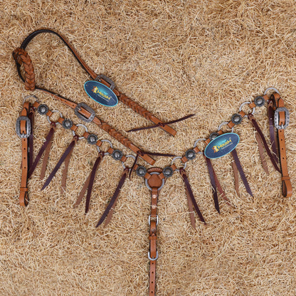 MOUSM Western Headstall and Breast Collar Set – Handcrafted from Genuine Argentina Cow Leather with Braided One-Ear Headstall &amp; Cheek Piece, Stainless Steel Rings Breast Collar, Leather Strings &amp; Congress Conchos