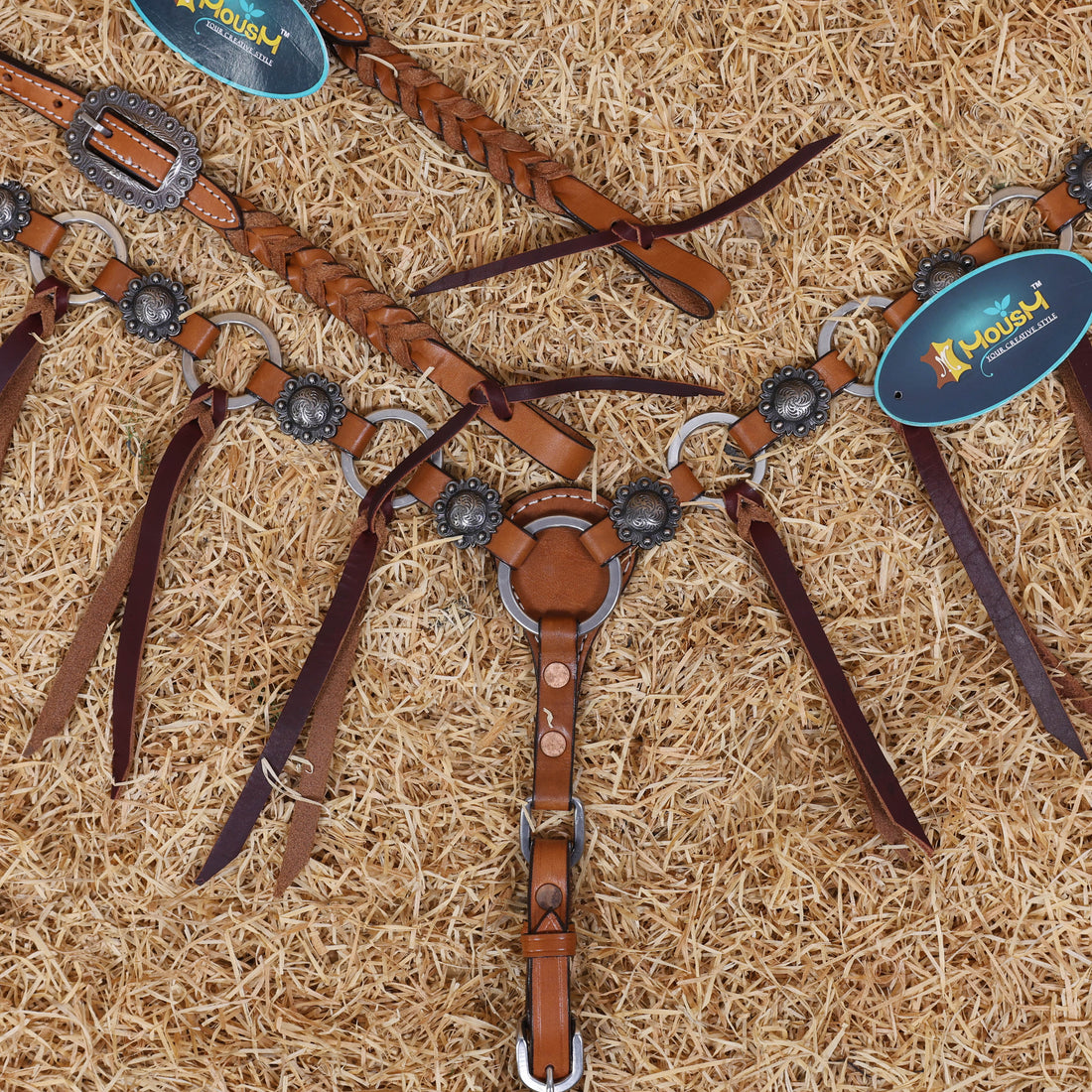 MOUSM Western Headstall and Breast Collar Set – Handcrafted from Genuine Argentina Cow Leather with Braided One-Ear Headstall &amp; Cheek Piece, Stainless Steel Rings Breast Collar, Leather Strings &amp; Congress Conchos