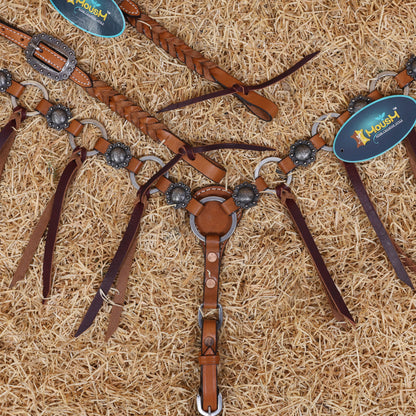 MOUSM Western Headstall and Breast Collar Set – Handcrafted from Genuine Argentina Cow Leather with Braided One-Ear Headstall &amp; Cheek Piece, Stainless Steel Rings Breast Collar, Leather Strings &amp; Congress Conchos
