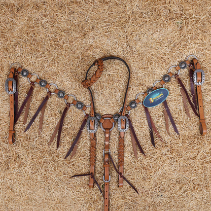 MOUSM Western Headstall and Breast Collar Set – Handcrafted from Genuine Argentina Cow Leather with Braided One-Ear Headstall &amp; Cheek Piece, Stainless Steel Rings Breast Collar, Leather Strings &amp; Congress Conchos