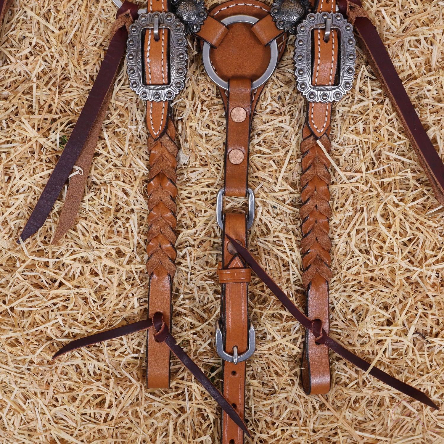 MOUSM Western Headstall and Breast Collar Set – Handcrafted from Genuine Argentina Cow Leather with Braided One-Ear Headstall &amp; Cheek Piece, Stainless Steel Rings Breast Collar, Leather Strings &amp; Congress Conchos