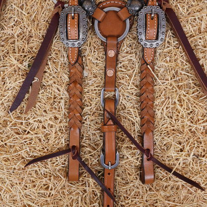 MOUSM Western Headstall and Breast Collar Set – Handcrafted from Genuine Argentina Cow Leather with Braided One-Ear Headstall &amp; Cheek Piece, Stainless Steel Rings Breast Collar, Leather Strings &amp; Congress Conchos